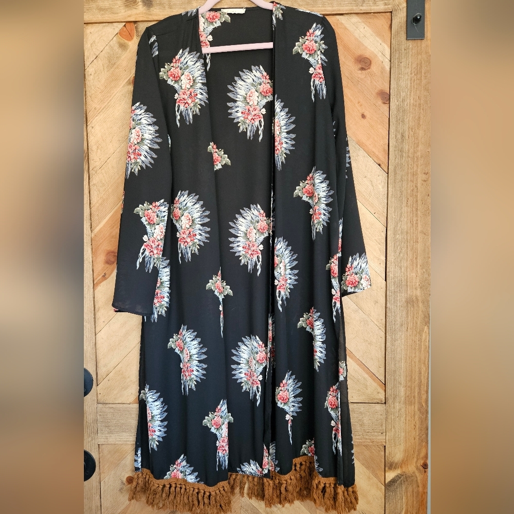 Peach Love California Floral Boho Kimono Duster with Tassel Trim